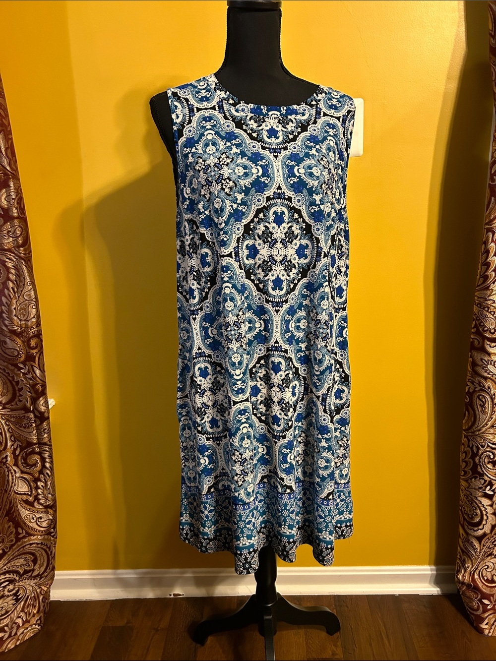 Sleeveless Blue Patterned A-Line Dress